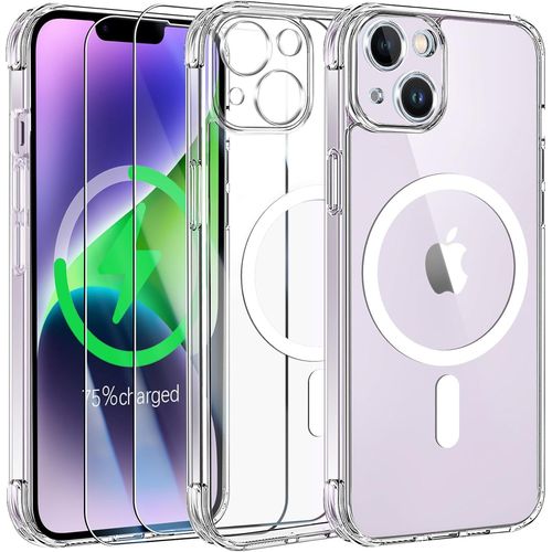 Magntique Coque Pour Iphone 14 Avec 2 Verre Tremp, Compatible Avec Magsafe, Protection D'objectif Tout Compris, Etui Translucide Mat Arrire Housse Fine Antichoc Case, Transparent.[S244]