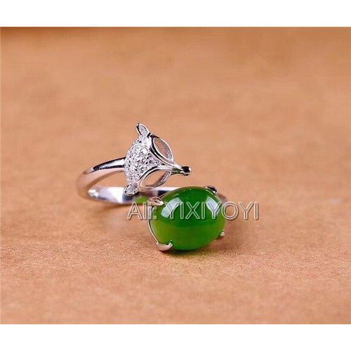 Magnifique Bague En Jade Vert Argent 925, Incrustation De Perles De Jade, Mignon Jaspe, Renard, Design, Breloque Ajustable, Cadeau Pour Fille