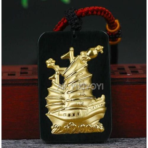 Magnifique Jade Hetian Vert Fonc + Pendentif De Bndiction De Bateau Chinois Lisse + Certificat De Collier En Or Massif, Bijoux Fins