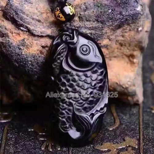 Magnifique Pendentif En Obsidienne Noire Naturelle Sculpte, Poisson Mignon, Bndiction Porte-Bonheur + Collier De Perles Gratuites, Bijoux En Cristal  La Mode