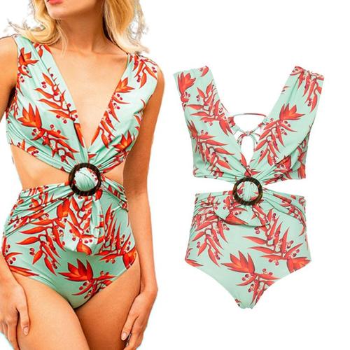 Maillot De Bain Une Pièce Sexy Décolleté En V Profond Dos Nu Imprimé Feuilles Monokini 