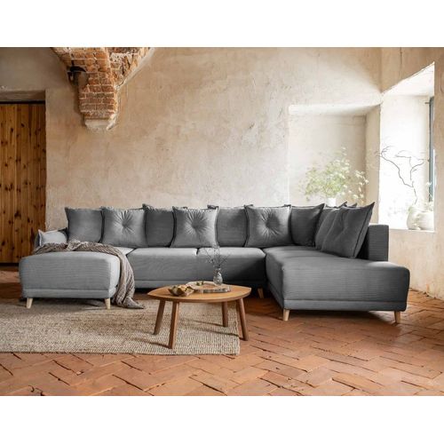 Canap Panoramique 7 Places Angle Droit En Velours Ctel Gris
