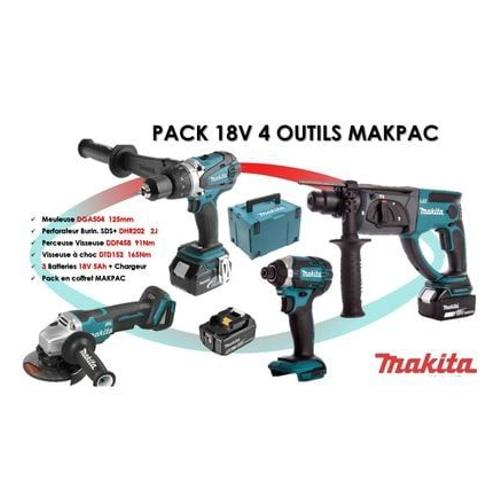 Makita - Pack De 4 Outils 18v (Ddf458/Dtd152/Dhr202/Dga504) + 3 Batteries 5 Ah + Chargeur En Coffret Makpac  - Gris