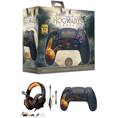 Manette PS4 Bluetooth Harry Potter Hogwarts Legacy Vivet Dor Lumineuse 3.5 JACK + Casque PRO-H3 Orange PS4-PS5 PLAYSTATION