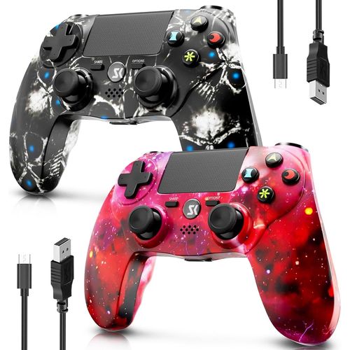 Manette Sans Fil Pour Ps4, Paquet De 2 Multiplateforme Manette Compatible Avec Ps4/Pro/Slim/Pc/Ios/Android/Macos Avec Double Vibration/Prise Audio 3,5 Mm/Pav Tactile/Gyroscope 6 Axes(Red Skull)