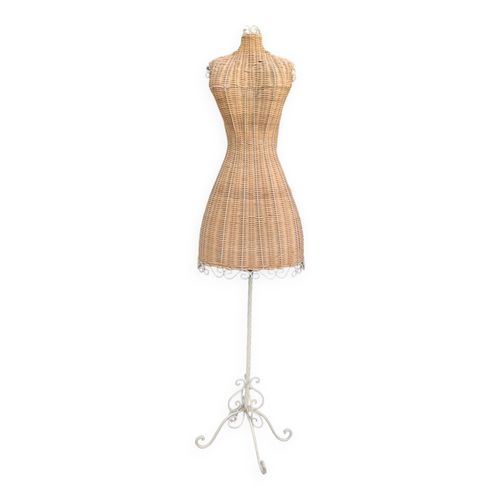 Mannequin Buste Vintage En Rotin Sur Pied Fer Forg Bois
