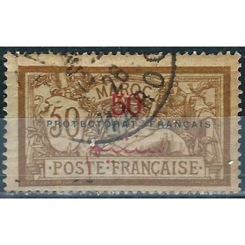 Maroc, Protectorat Franais 1914 / 21, Beau Timbre Yvert 50, Type Merson 50c. Brun Olive Et Gris Vert, Avec Double Surcharge, Oblitr, Tbe.