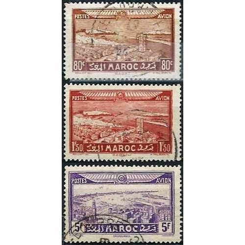 Maroc, Protectorat Franais 1933, Beaux Timbres De Poste Aerienne, Yvert 35 Et 36 Vue De Rabat Et 38 Vue De Casablanca, Obliteres, Tbe -