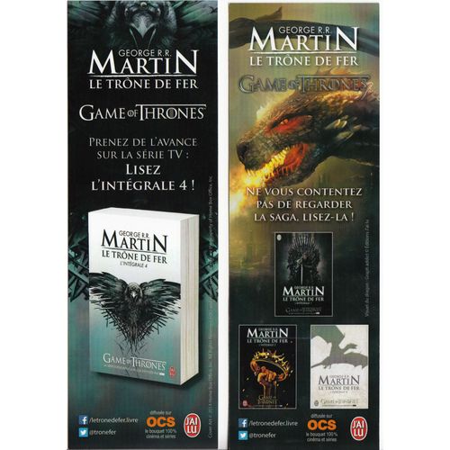 Marque page " Le trône de fer (Game of Thrones) ", de R.R. Martin, J
