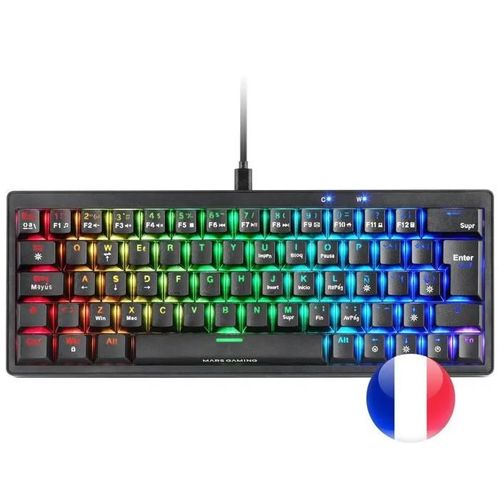 Mars Gaming MKMINIPRO, Clavier Mcanique 60% Hot-Swappable, clairage RGB, Antighosting, Switch Marron, Layout Franais, Noir