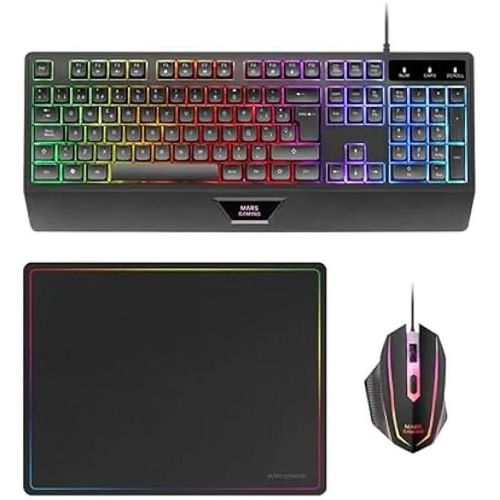 MARSGAMING MCP124, Combo de Jeu 3 en 1, Clavier Ergonomique H-Mech LED RVB, Souris RVB 3200 DPI HUANO, Tapis de Souris nanotextile