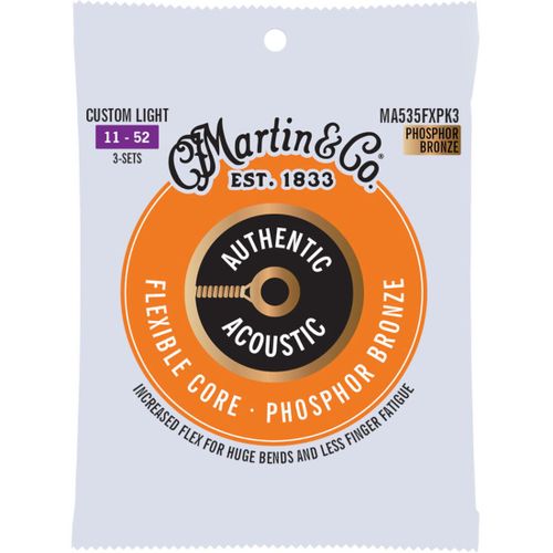 Martin Strings Ma535fxpk3 Flexible Core Phosphor Bronze 3-Pack Custom Light 11-52 Jeux De Cordes Pour Guitare Folk (Lot De 3)