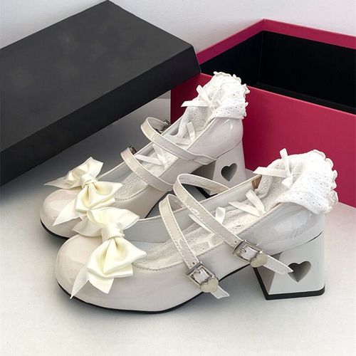 Mary Essence Lolita Shoes Pour Femmes,Rose,Cuir Verni Y2k,Escarpins  Talons Bas,N?Ud Papillon,Sangles De Rinage,Chaussures De Fte,Automne,2023 - 35