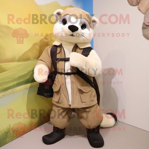 Mascotte Redbrokoly De Furet Crme Personnage Dguisement Habill D'une Parka Et De Bretelles