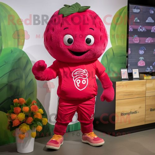Mascotte Redbrokoly De Personnage De Costume De Framboise Rouge Habill Avec Un Jogging Et Des Montres