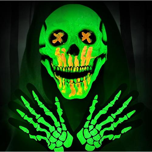 Masque D'halloween, 3d Masque De Crne Fluorescent, Masque Tete De Mort Avec Squelette Gants Lumineux, Halloween Masque D'horreur Cosplay Accessoire Pour Adulte Enfant