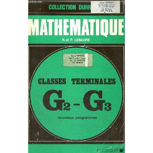 Mathematique - Classes De Terminales G2 - G3 - Programme 1973 - Collection Durrande   de N ET P. LEMAIRE  Format Broch 