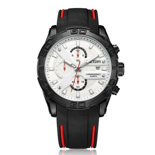 Megir Hommes Chronographe Multifonction Bracelet Silicone Lumineux Mouvement Quartz Montre (Argent + Noir)
