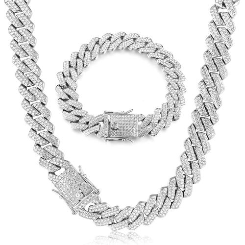 Meimieshop-Chane  Maillons Cubains Pour Hommes 14mm Ensemble Bracelet Et Collier  Maillons Cubains De Miami Bracelet Hip Hop En Plaqu Or 18 Carats Avec Diamants Garons Femmes 41/51/56cm