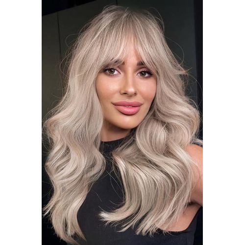 Meimieshop-Ombre Blonde Wig With Fringe,Ash Blonde Wig With Bangs,Ombre Blonde Wig For Women,Glueless Synthetic Hair Light Blonde Wavy Wig With Bangs,22 Inch,-167