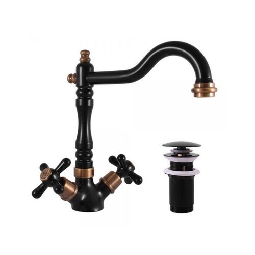 Mlangeur lavabo MORAVA RETRO pivotant en laiton noir mat avec pop up-Noir-Noir--
