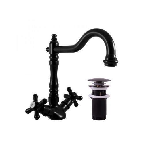 Mlangeur lavabo MORAVA RETRO pivotant laiton noir mat avec pop up-Noir-Noir--