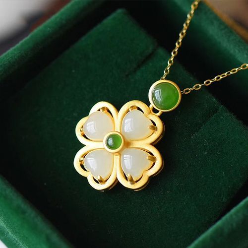 Mthode Ancienne Plaqu Argent Sterling Incrust Imitation Hetian Jade Trfle  Quatre Feuilles Pendentif Collier Femme Clavicule Lvn3877