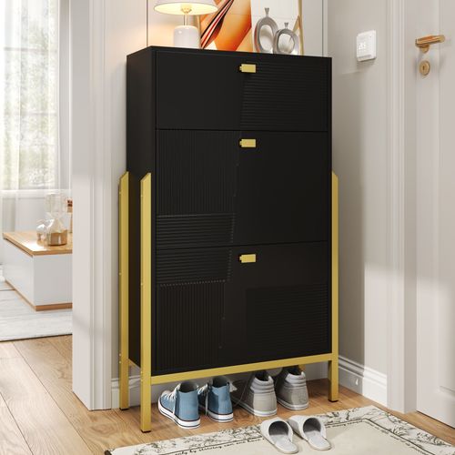 Meuble  Chaussures  Trois Niveaux, Meuble  Chaussures D'entre, Pieds En Mtal Et Poignes Dores, Avec Tiroirs, Peut Accueillir Jusqu' 6 Paires De Chaussures,Meuble  Chaussures Moderne