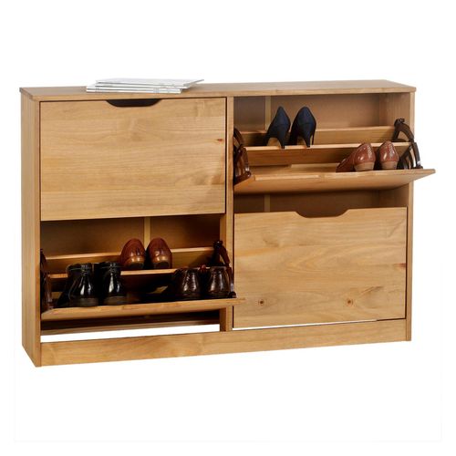 Meuble  Chaussures Basil Armoire Avec 2 X 2 Abattants Rangement Pour 24 Paires, En Pin Massif Lasur Couleur Miel
