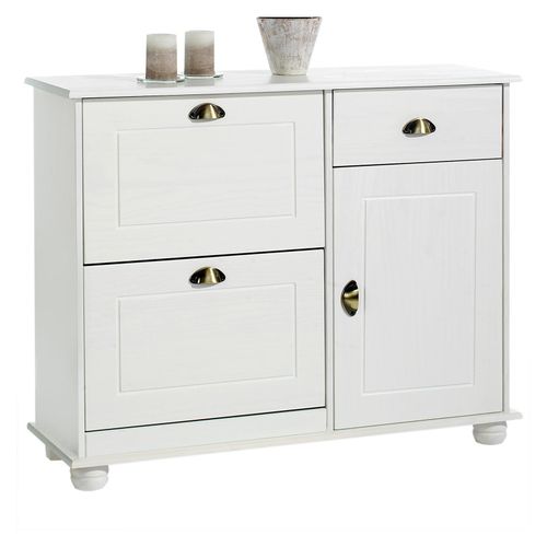 Meuble  Chaussures Colmar Armoire Rangement Avec 2 Abattants 1 Tiroir Et 1 Porte Avec 1 tagre, En Pin Massif Lasur Blanc