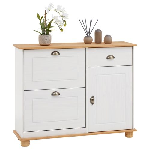 Meuble  Chaussures Colmar Armoire Rangement Avec 2 Abattants 1 Tiroir Et 1 Porte Avec 1 tagre, En Pin Massif Lasur Blanc Et Brun