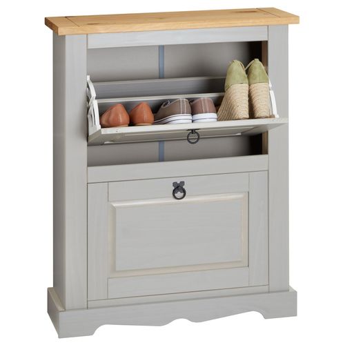 Meuble  Chaussures Tequila Style Mexicain Armoire  Chaussures Avec 2 Abattants, En Pin Massif Lasur Gris Et Brun