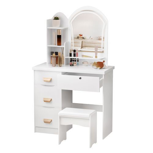Meuble De Maquillage Avec Miroir clair Par Led, Meuble De Toilette Avec 4 Tiroirs Et tagres Ouvrables, Coiffeuse De Chambre Avec Tabouret