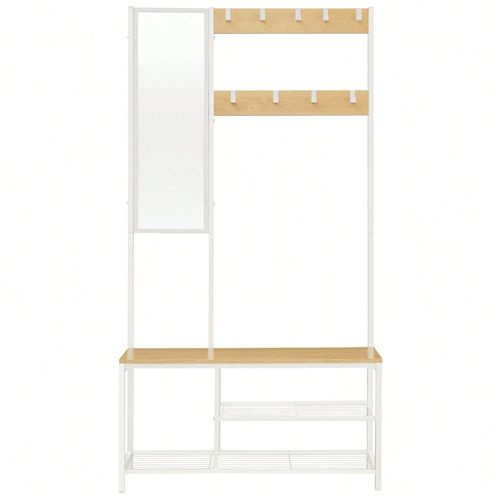 Meuble D'entre, Avec Crochets, Miroir, Banc  Chaussures Et tagres, 36 X 98 X 185 Cm, Couleur Chne Et Blanc