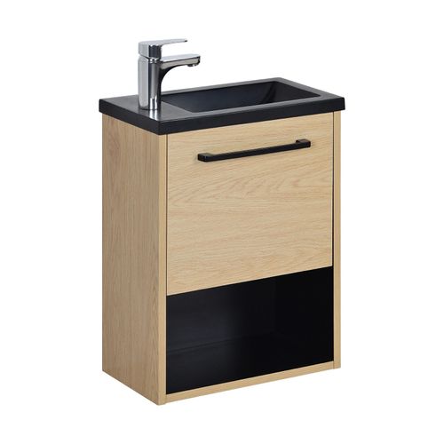 Meuble Lave-Mains Dcor Chne Intrieur Noir + Robinet Chrom