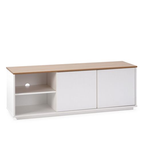 Meuble Tv 2 Portes 2 Niches Blanc/Chne, Bois Massif