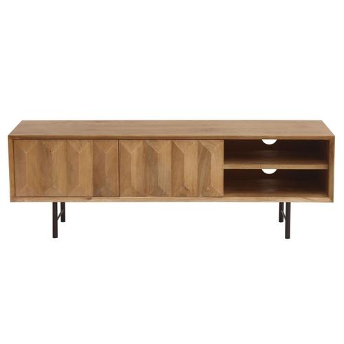 Meuble Tv En Bois Clair Manguier Massif Grav Et Mtal Noir L120 Cm Agra