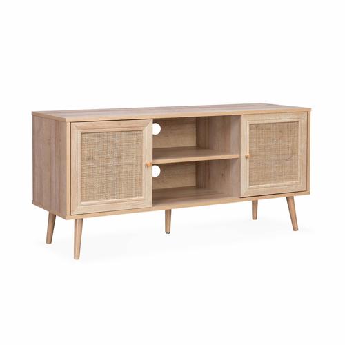 Meuble Tv En Cannage 120x39x56.5cm - Bohme - Naturel. 2 Niveaux. 2 tagres. 2 Portes. Pieds