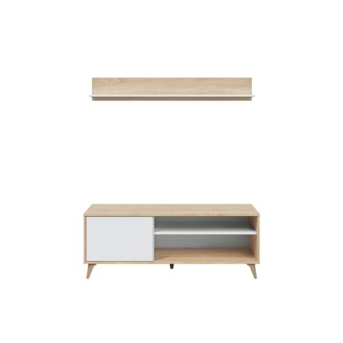 Meuble Tv Laura 2 Niches, 1 Porte Et tagre Murale L135cm - Blanc / Bois