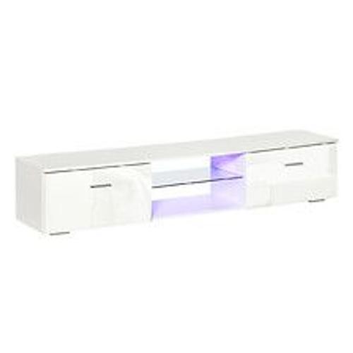 Meuble Tv Led Style Contemporain - 2 Placards Porte Abattante, tagre Verre - Panneaux Particules Mdf Blanc Laqu