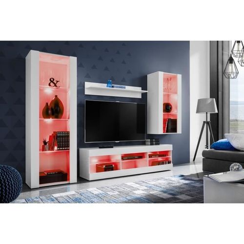 Meuble Tv Tivoli Set Medio Komodee - Led Rgb - Blanc Mat & Blanc - Faades En Mat - L 195cm X H 159cm X P35cm