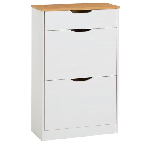 Meubles  Chaussures Basil Rangement Armoire Avec 2 Abattants Et 1 Tiroir, En Pin Massif Lasur Blanc Et Brun