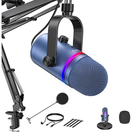 Micro Gaming Pc - Microphone  Condensateur Avec Bras, Micro Podcast Rgb Avec Bouton De Silence, Contrle De Gain, Suppression Du Bruit, Micro Studio Pour Mac/Ps4/Ps5, Bleu