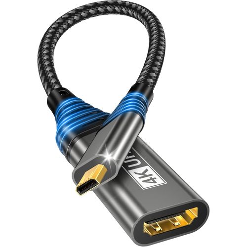 Micro HDMI vers HDMI Adaptateur 4K @ 60 Hz 3D 1080P Type D vers A prend en charge Ethernet,3D,HDR et ARC,Micro HDMI vers HDMI compatible avec Raspberry Pi 5/4,Hero,camras A6300 A6400,Yoga,O.[V78]
