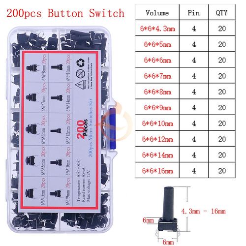 Micro-Interrupteur Tactile  Bouton-Poussoir Assressenti,Tlcommande De Voiture,Interrupteurs Tactiles,Mini Interrupteur De Cristal Du Cuir Chevelu,Prdire,Bricolage - Type 200pcs 10value