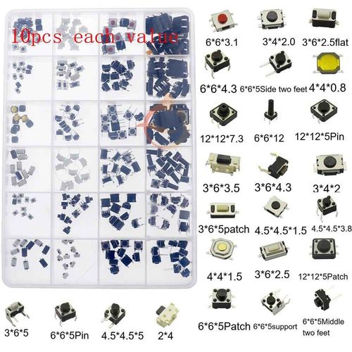 Micro-Interrupteur Tactile Pour Voiture,Kit Assressenti,Interrupteurs Tactiles  Bouton-Poussoir,Mini-Interrupteur De Cristal Du Cuir Chevelu,Tlcommande,Prdire,Bricolage - Type 250pcs X 25value #B