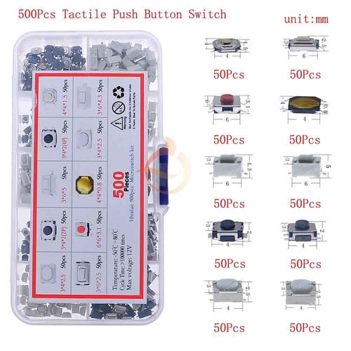 Micro-Interrupteur Tactile Pour Voiture,Kit Assressenti,Interrupteurs Tactiles  Bouton-Poussoir,Mini-Interrupteur De Cristal Du Cuir Chevelu,Tlcommande,Prdire,Bricolage - Type 500pcs X 10value #B