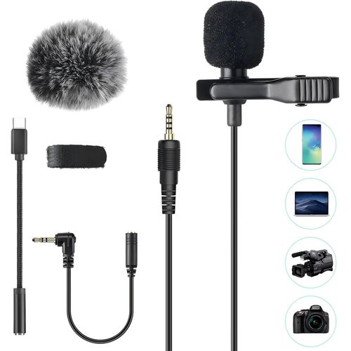 Microphone PC 3.5mm Jack Audio avec Clip et Fourrure Pare-Brise, 2m Mini Micro Cravate Interview Condensateur Omnidirectionnel avec 2 Adaptateur et Adapter USB Type-C pour Skype,iPhone,Android