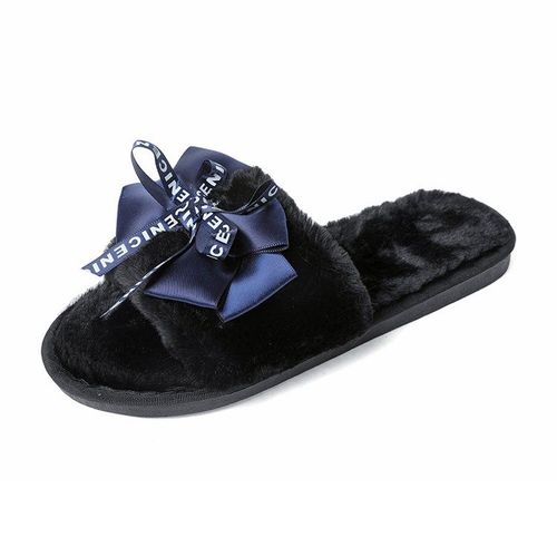 Mignons Chaussons En Peluche Type Mules Pour Femmes, Pantoufles Plates Et Chaudes Avec Fausse Fourrure Et NUd Papillon, Disponible En Grande Taille 41 - 34
