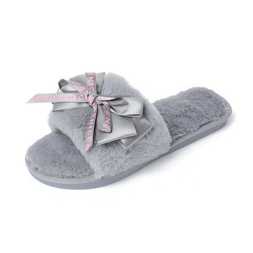 Mignons Chaussons En Peluche Type Mules Pour Femmes, Pantoufles Plates Et Chaudes Avec Fausse Fourrure Et NUd Papillon, Disponible En Grande Taille 41 - 34